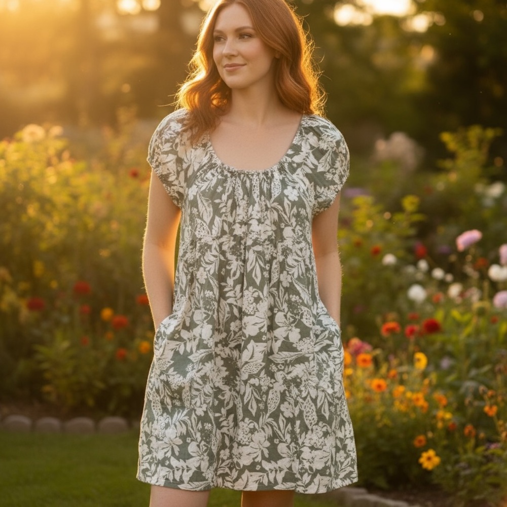 NWT Lucky Brand Hemp Cotton Floral‎ Dress Sage Green White Boho Pockets M